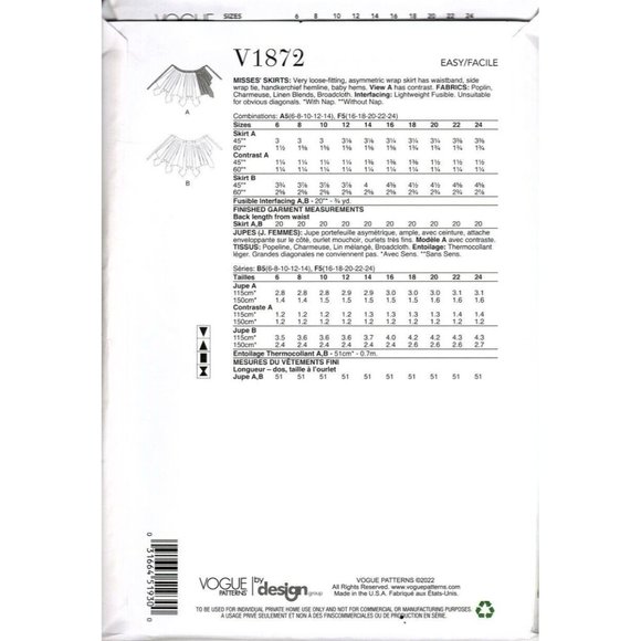 Vogue V1872 Misses Asymmetrical Wrap Skirt Size 16 to 24 Sewing Pattern 2022 - Picture 2 of 2
